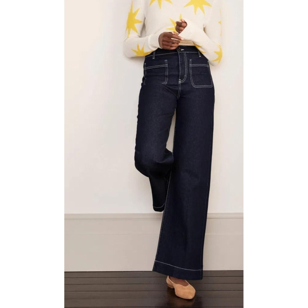Boden Patch Pocket Wide Leg Jeans Womens 2P Blue High Rise Dark Wash Stretch